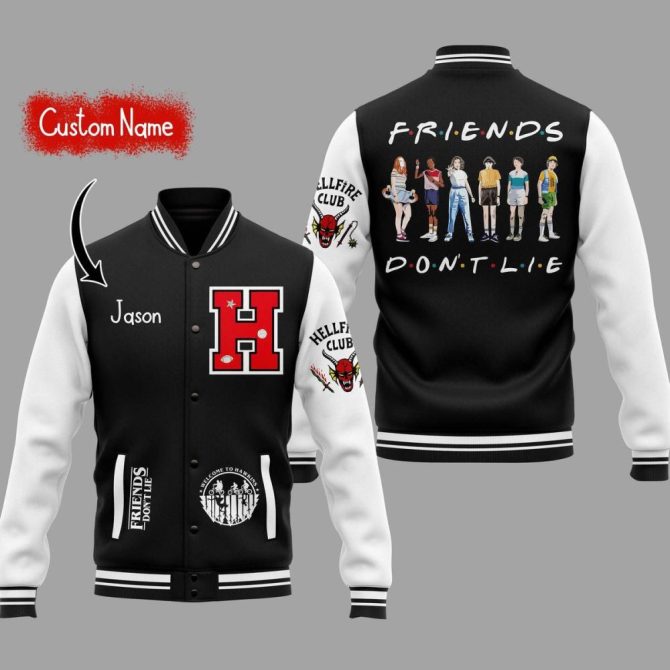 Customizable Friends Don'T Lie Varsity Jacket - Personalized Name, Unique Design