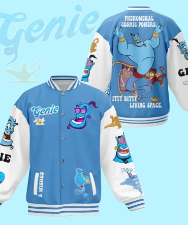 Magical Genie Varsity Jacket – Stylish Blue Cartoon Bomber With Fun Graphics
