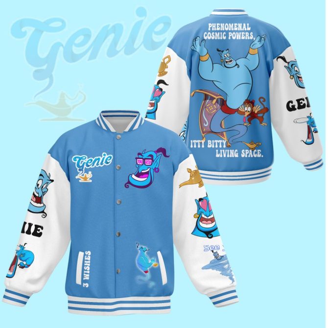 Magical Genie Varsity Jacket – Stylish Blue Cartoon Bomber With Fun Graphics