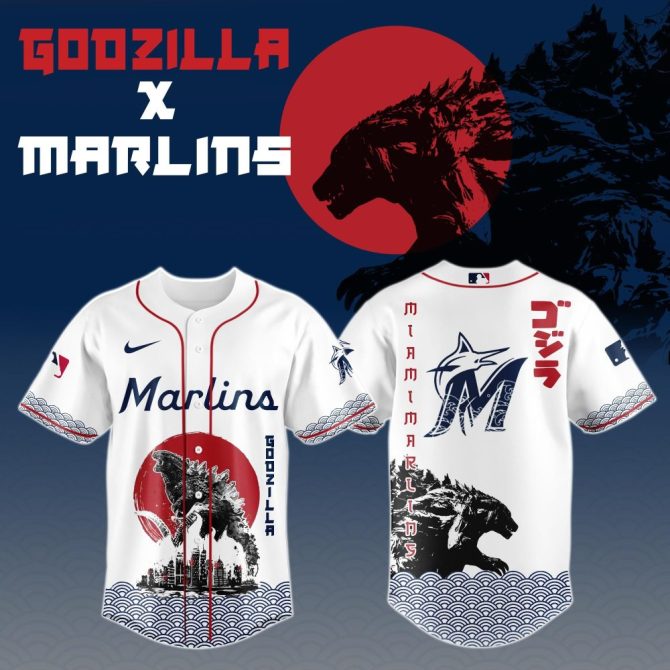Limited Edition Godzilla X Marlins Baseball Jersey - Unique Design, Perfect Gift For Fans!