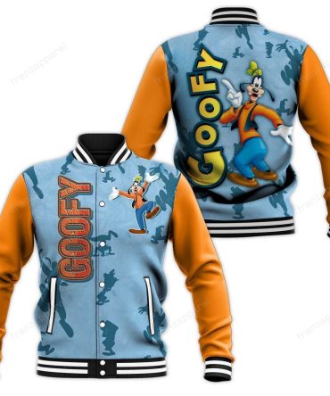 Goofy Varsity Jacket - Fun Cartoon Print, Blue & Orange, Unisex Fashion Wear
