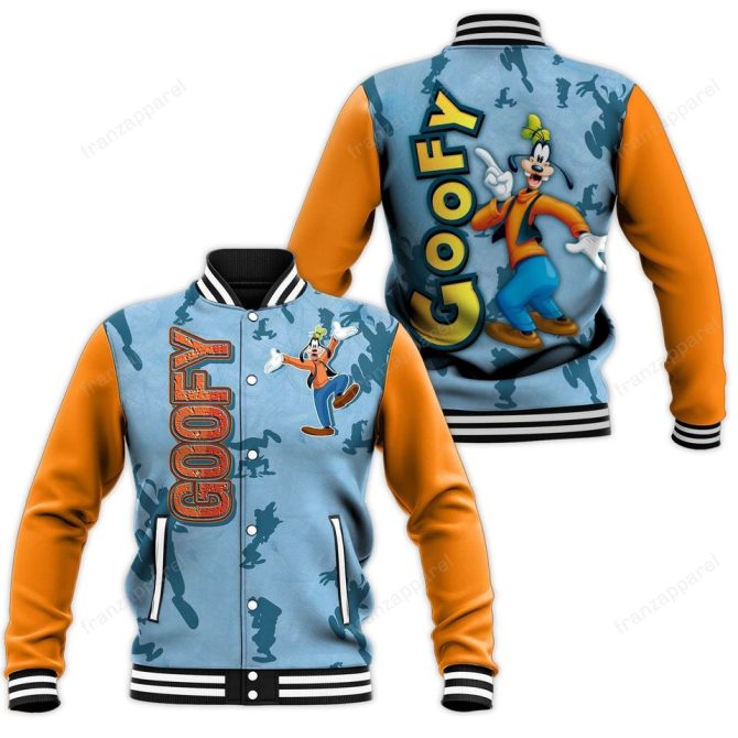 Goofy Varsity Jacket - Fun Cartoon Print, Blue & Orange, Unisex Fashion Wear