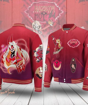 Hazbin Hotel Varsity Jacket – Stylish Cartoon Character Print, Red/Maroon, Unisex Casual Wear
