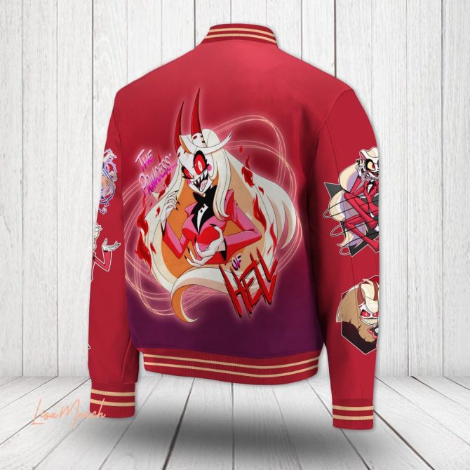 Hazbin Hotel Varsity Jacket – Stylish Cartoon Character Print, Red/Maroon, Unisex Casual Wear - Image 3