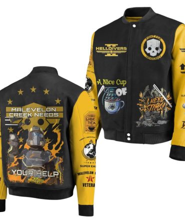Helldivers Graphic Bomber Jacket – Bold Black/Yellow Design, Unique Gamer Style