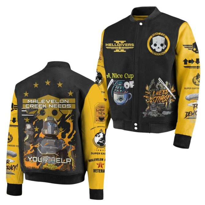 Helldivers Graphic Bomber Jacket – Bold Black/Yellow Design, Unique Gamer Style