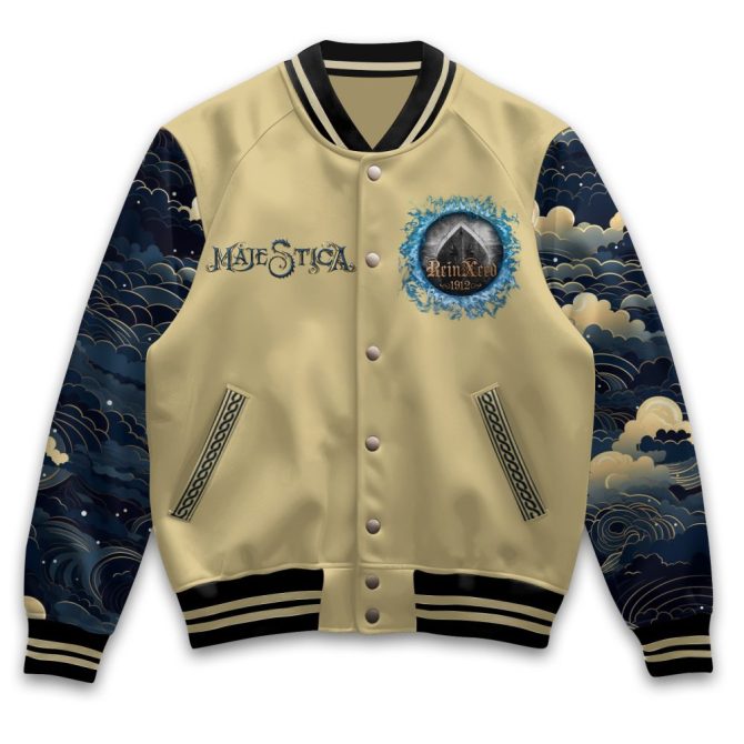 Majestic Dragon Varsity Jacket - Vintage Beige With Cosmic Blue Sleeves - Unisex Streetwear - Image 2