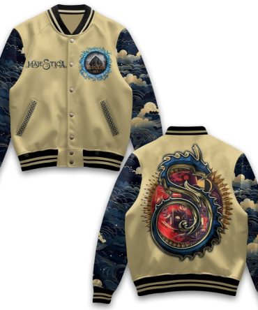 Majestic Dragon Varsity Jacket - Vintage Beige With Cosmic Blue Sleeves - Unisex Streetwear