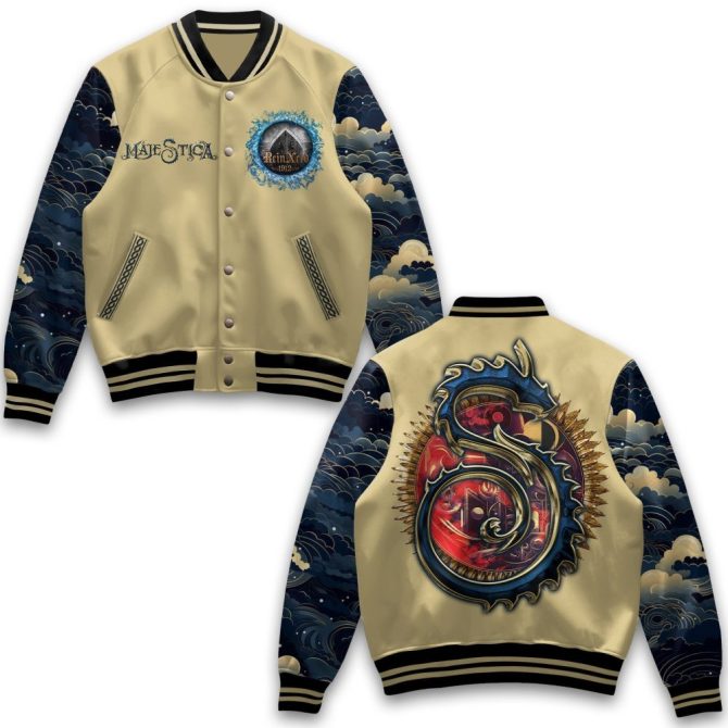 Majestic Dragon Varsity Jacket - Vintage Beige With Cosmic Blue Sleeves - Unisex Streetwear