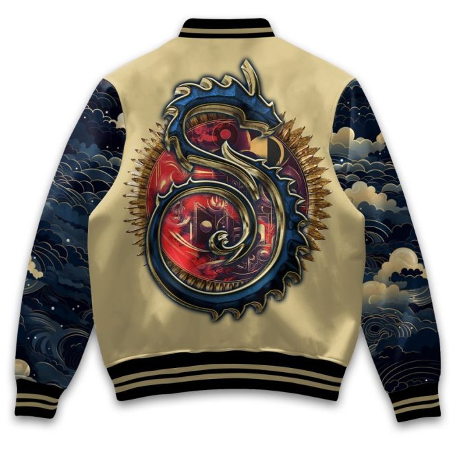 Majestic Dragon Varsity Jacket - Vintage Beige With Cosmic Blue Sleeves - Unisex Streetwear - Image 3