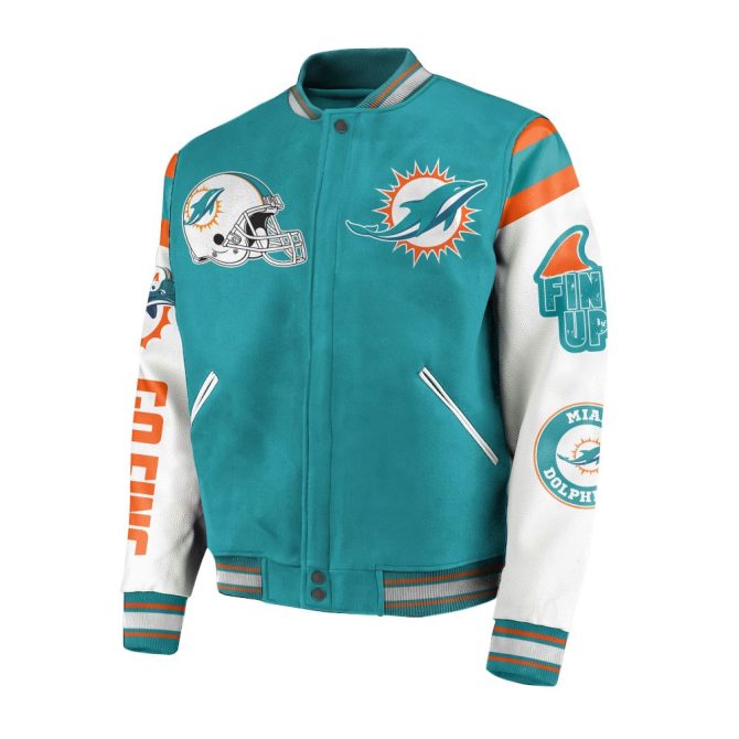 Miami Dolphins Varsity Jacket - Official Nfl Team Apparel, Unisex, Teal & Orange, Perfect Gift For Fans - Image 2