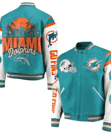 Miami Dolphins Varsity Jacket - Official Nfl Team Apparel, Unisex, Teal & Orange, Perfect Gift For Fans