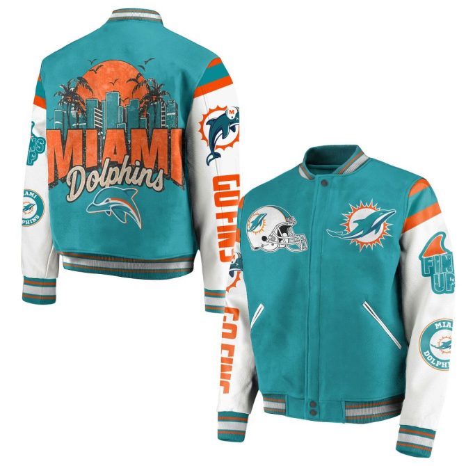Miami Dolphins Varsity Jacket - Official Nfl Team Apparel, Unisex, Teal & Orange, Perfect Gift For Fans