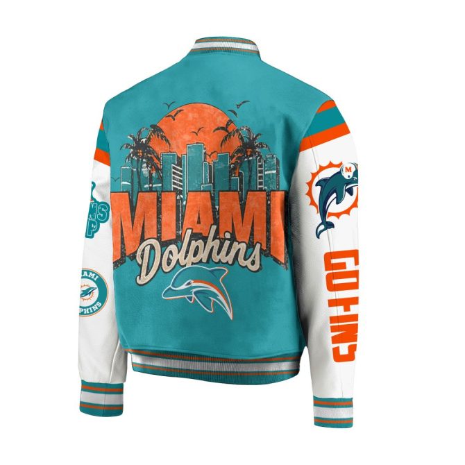 Miami Dolphins Varsity Jacket - Official Nfl Team Apparel, Unisex, Teal & Orange, Perfect Gift For Fans - Image 3