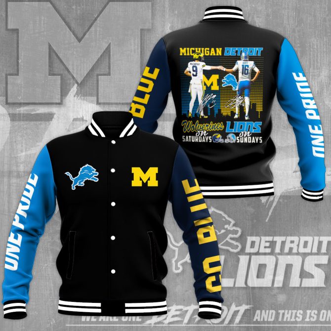 Michigan Wolverines & Detroit Lions Fan Varsity Jacket - Bold Blue & Black Design