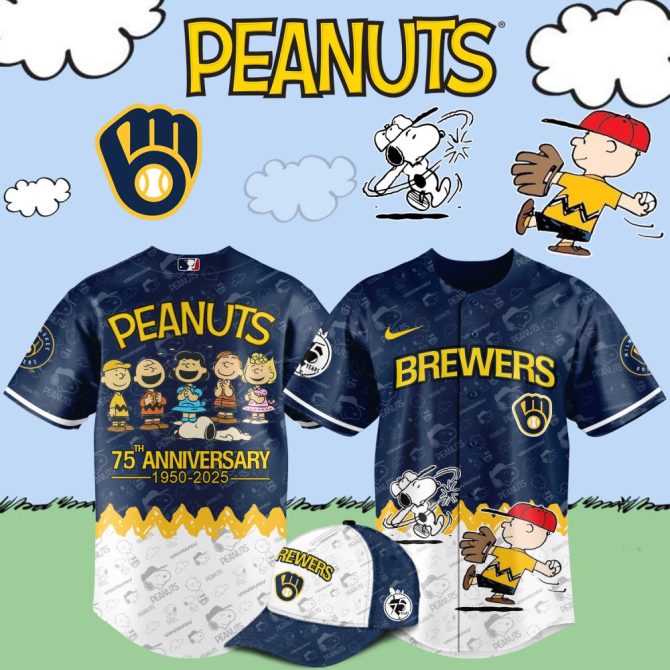 Celebrate In Style: Peanuts 75Th Anniversary Brewers Jersey & Cap Set - Limited Edition!