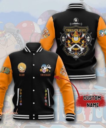 Custom One Piece Varsity Jacket - Thousand Sunny Design, Add Your Name, Anime Fan Gift