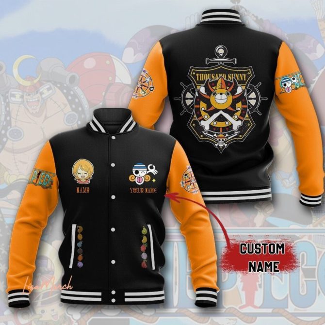 Custom One Piece Varsity Jacket - Thousand Sunny Design, Add Your Name, Anime Fan Gift