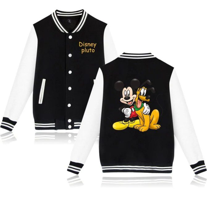 Disney Mickey & Pluto Varsity Jacket - Black & White Unisex Cartoon Style Gift