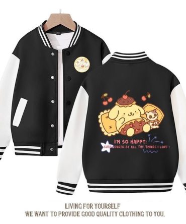 Adorable Pompompurin Varsity Jacket - Cute Cartoon Print, Black & White, Cozy Unisex Style