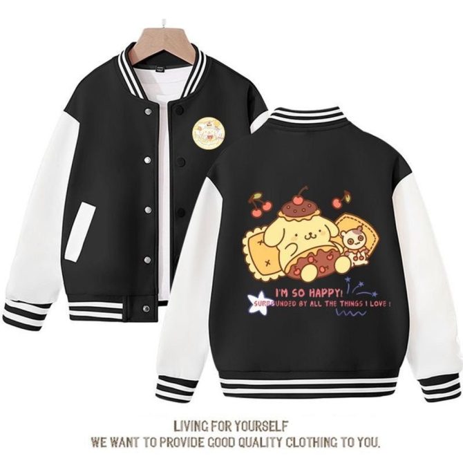 Adorable Pompompurin Varsity Jacket - Cute Cartoon Print, Black & White, Cozy Unisex Style