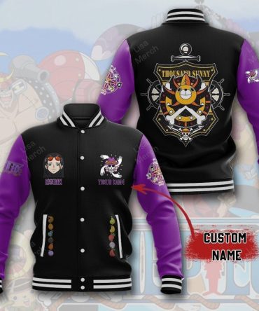 Custom Anime Varsity Jacket - Thousand Sunny Design With Personalized Name & Purple Sleeves