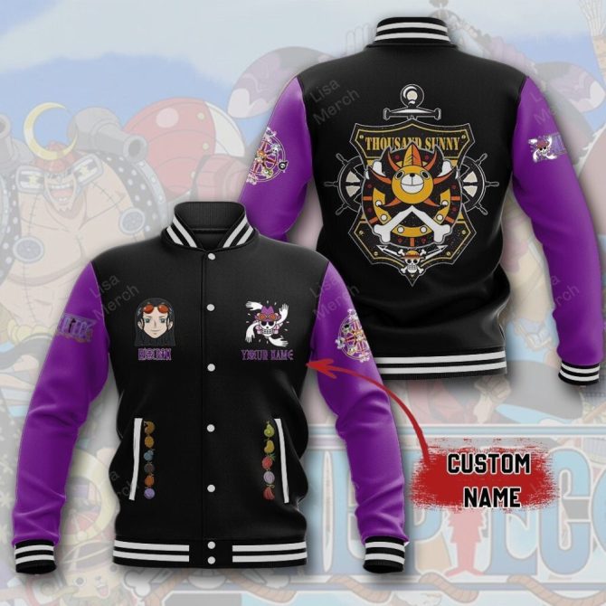 Custom Anime Varsity Jacket - Thousand Sunny Design With Personalized Name & Purple Sleeves