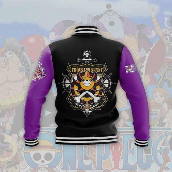 Custom Anime Varsity Jacket - Thousand Sunny Design With Personalized Name & Purple Sleeves - Image 3