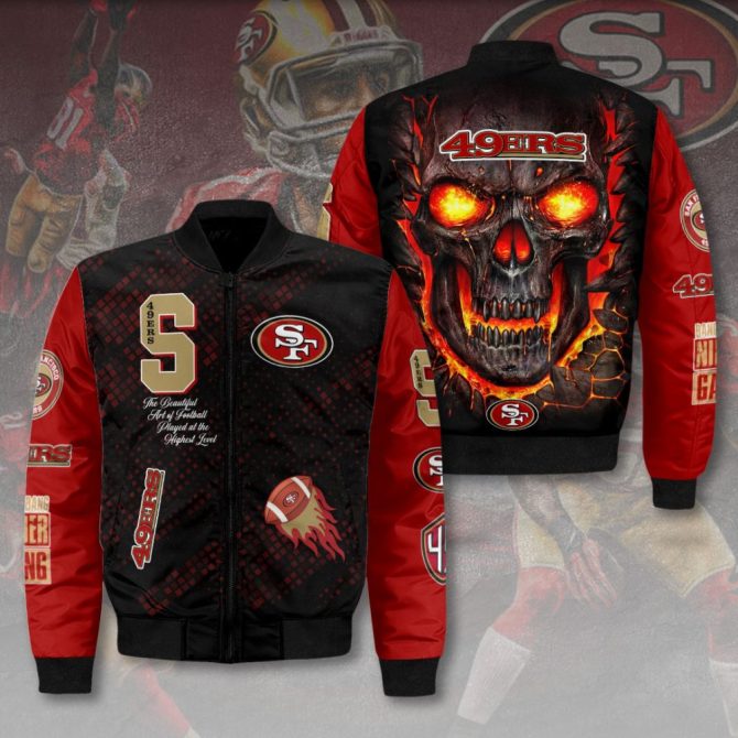 49Ers Skull Flame Bomber Jacket - Bold Graphic Design, Perfect For Fans!