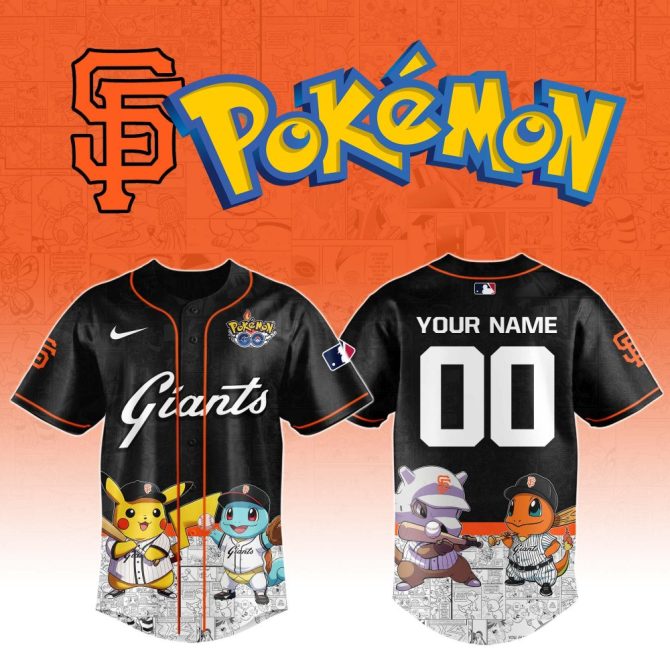 Customizable Giants X Pokémon Jersey – Pikachu, Squirtle, Charmander Design – Perfect Gift For Fans!