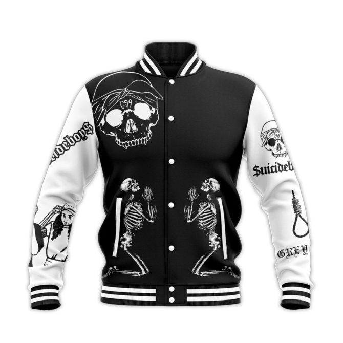 Edgy Skull & Skeleton Graphic Varsity Jacket - Bold Streetwear Style, Black/White - Image 2