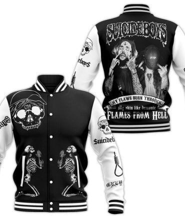 Edgy Skull & Skeleton Graphic Varsity Jacket - Bold Streetwear Style, Black/White