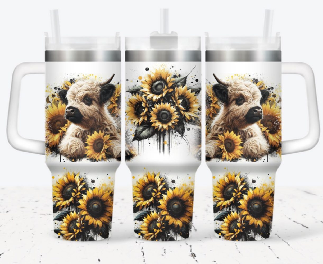 Stanley Tumbler Cup Sunflower Cow Tumbler With Handle & Straw, Insulated Travel Mug, Cute Farm Animal Design
