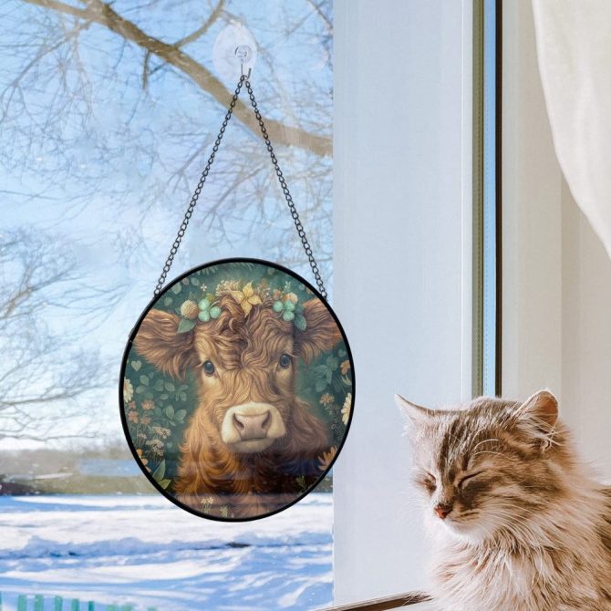 Charming Highland Cow Floral Art Glass Panel - Rustic Farmhouse Decor For Home & Garden - Image 2