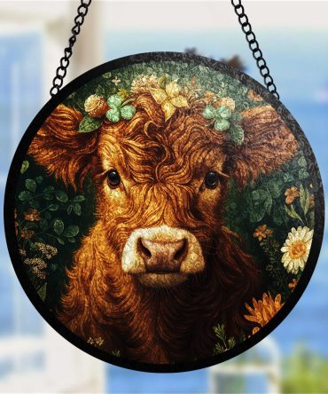 Charming Highland Cow Floral Art Glass Panel - Rustic Farmhouse Decor For Home & Garden
