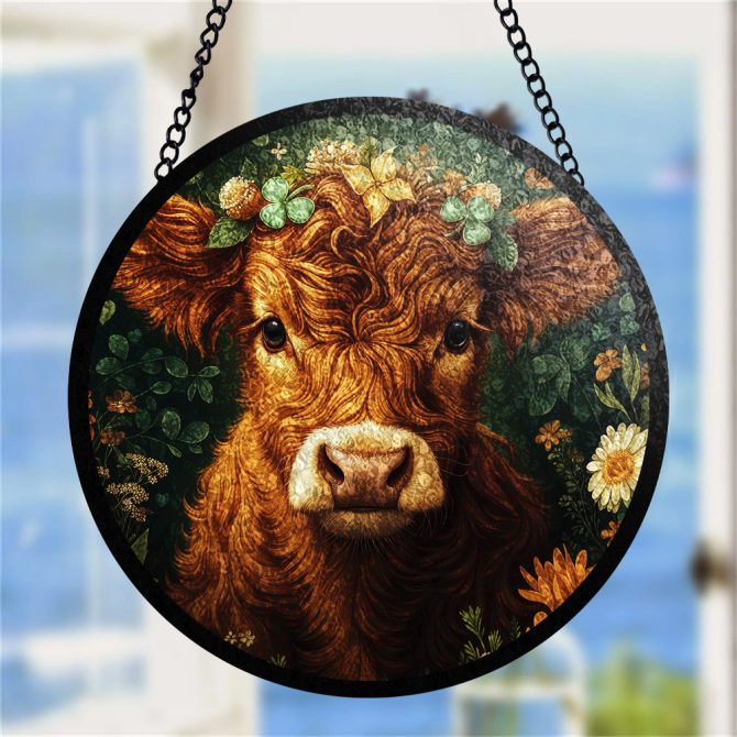 Charming Highland Cow Floral Art Glass Panel - Rustic Farmhouse Decor For Home & Garden