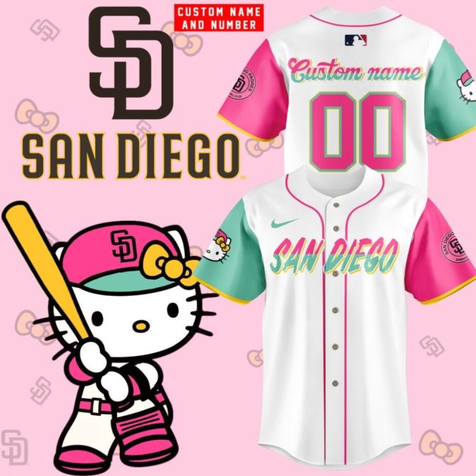 Custom San Diego Baseball Jersey - Hello Kitty Design, Personalize Name & Number