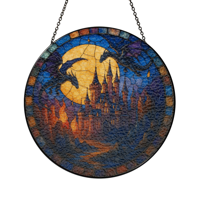 Enchanting Dragon Castle Stained Glass Window Hanging - Mystical Home Decor Art - Image 3