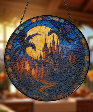 Enchanting Dragon Castle Stained Glass Window Hanging - Mystical Home Decor Art