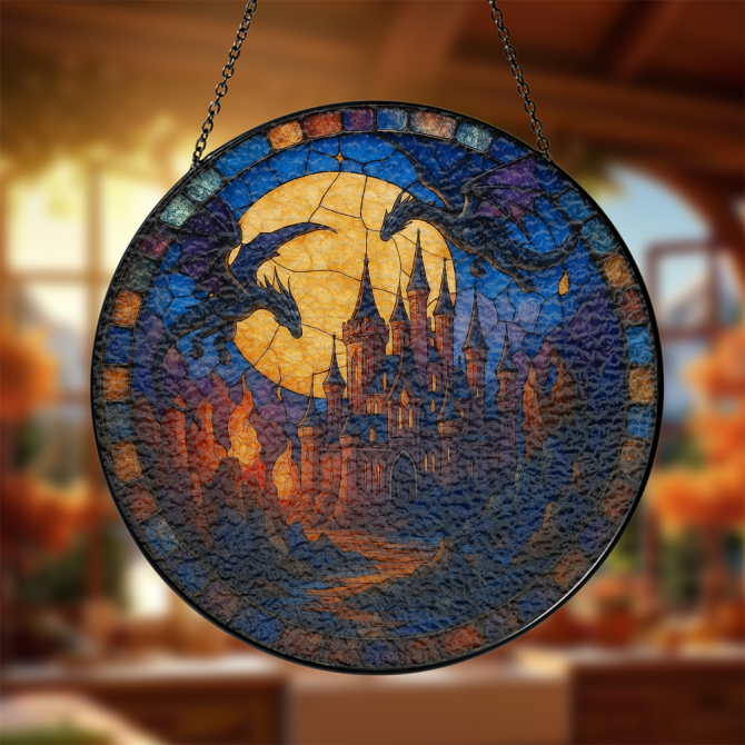 Enchanting Dragon Castle Stained Glass Window Hanging - Mystical Home Decor Art