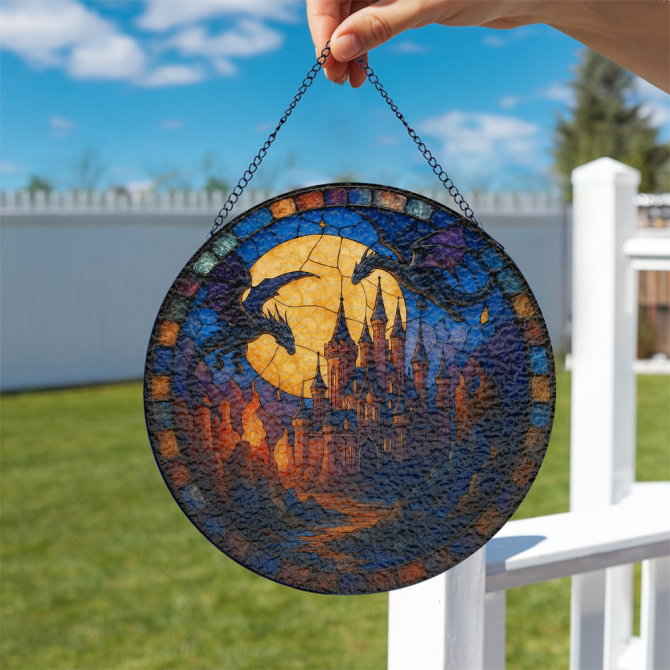 Enchanting Dragon Castle Stained Glass Window Hanging - Mystical Home Decor Art - Image 2