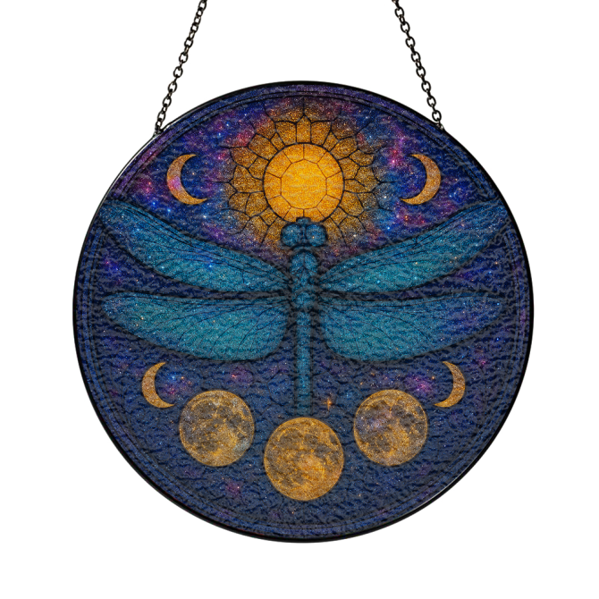 Enchanting Dragonfly & Moon Phases Stained Glass Suncatcher – Mystical Boho Decor For Home & Garden - Image 3