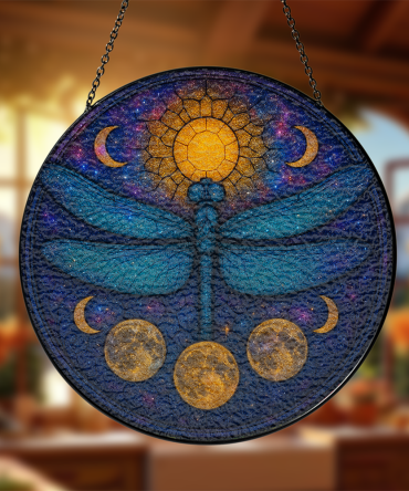 Enchanting Dragonfly & Moon Phases Stained Glass Suncatcher – Mystical Boho Decor For Home & Garden