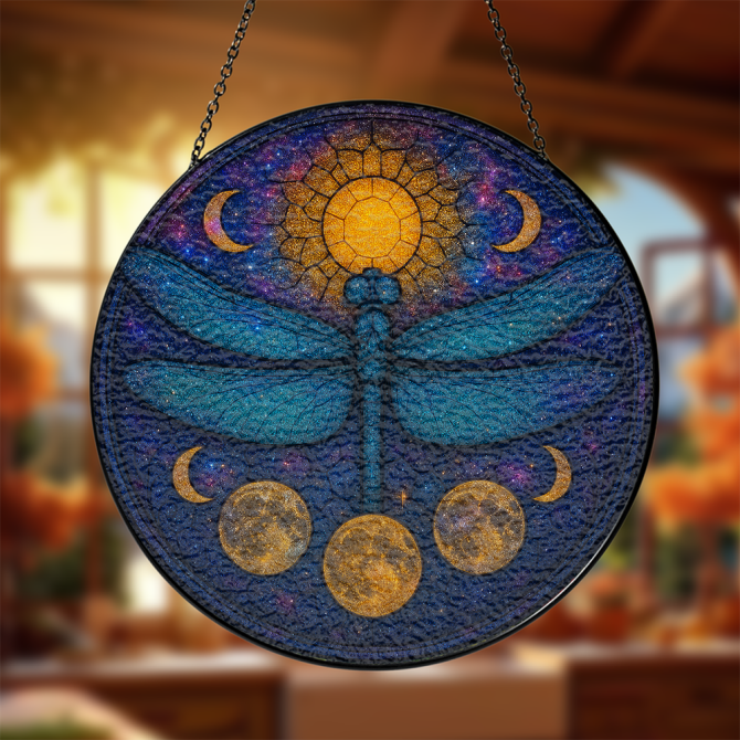 Enchanting Dragonfly & Moon Phases Stained Glass Suncatcher – Mystical Boho Decor For Home & Garden