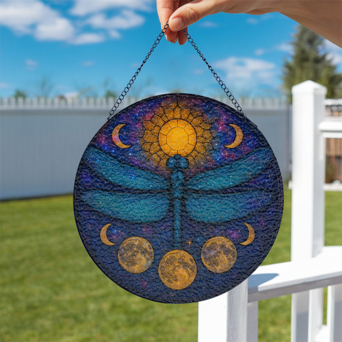 Enchanting Dragonfly & Moon Phases Stained Glass Suncatcher – Mystical Boho Decor For Home & Garden - Image 2