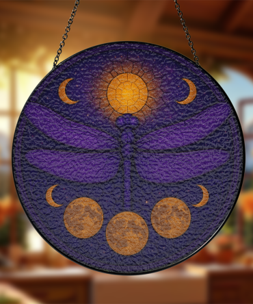 Stunning Dragonfly Sun & Moon Suncatcher - Mystical Window Art Decor, Purple & Gold