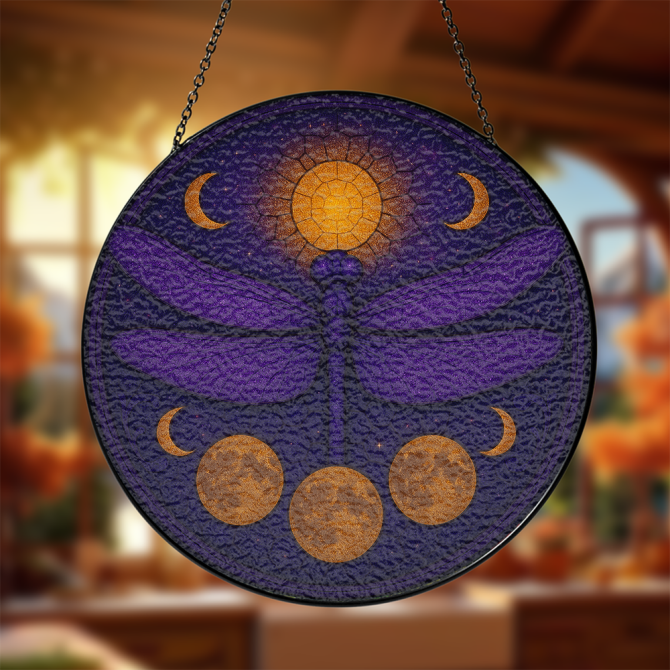 Stunning Dragonfly Sun & Moon Suncatcher - Mystical Window Art Decor, Purple & Gold