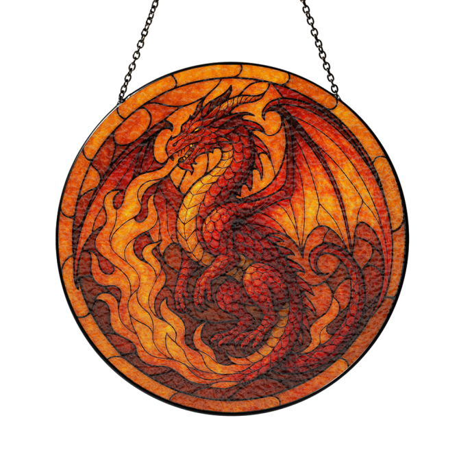 Fiery Dragon Stained Glass Window Hanging - Handcrafted Decorative Art Panel - Image 3