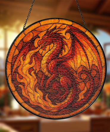 Fiery Dragon Stained Glass Window Hanging - Handcrafted Decorative Art Panel