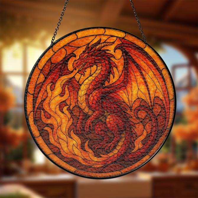 Fiery Dragon Stained Glass Window Hanging - Handcrafted Decorative Art Panel